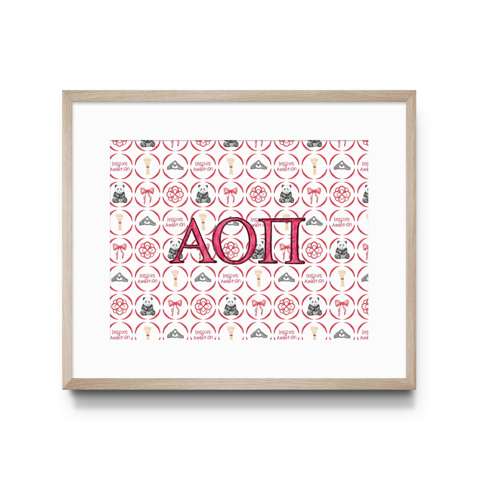 Framed poster with Alpha Omicron Pi Greek letters and design on a white background