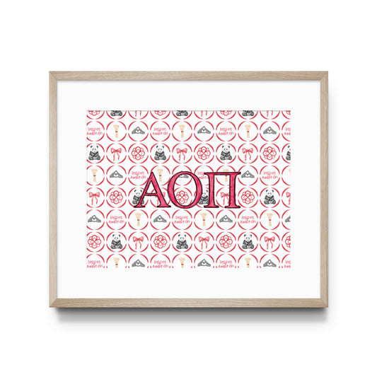 Framed poster with Alpha Omicron Pi Greek letters and design on a white background