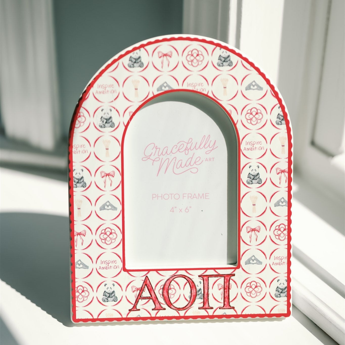 Arched photo frame with Alpha Omicron Pi pattern and Greek letters.