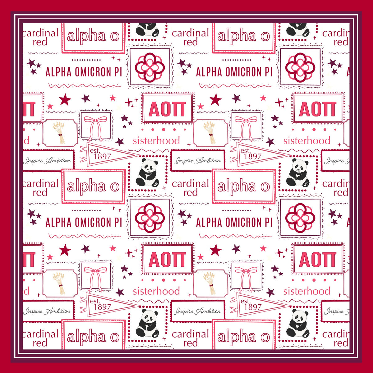 A close up of an Alpha Omicron Pi silk scarf featuring a repeating pattern of red and maroon stamp-like frames, stars, bows, panda illustrations, and text including 'alpha o', 'sisterhood', 'cardinal red', and '1897' on a white background with a dark red border.