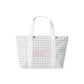 Gray checkered tote bag with white straps and Alpha Omicron Pi Greek letters in the middle of the bag.