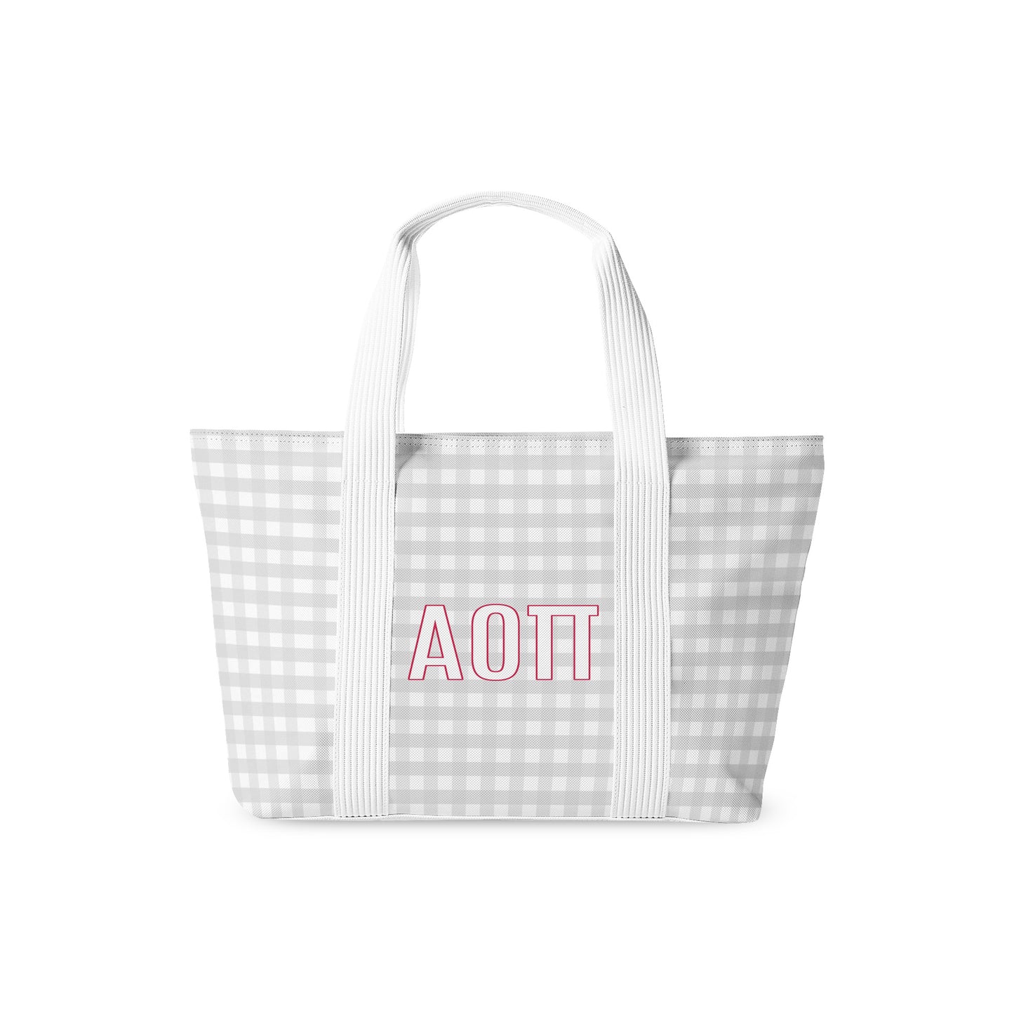 Gray checkered tote bag with white straps and Alpha Omicron Pi Greek letters in the middle of the bag.