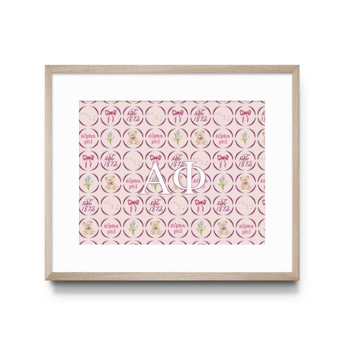 Framed poster with pink and white design featuring Alpha Phi Greek letters on a white background