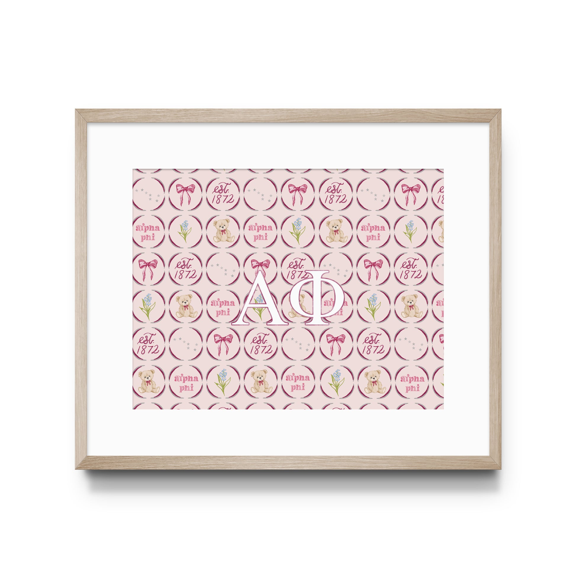 Framed poster with pink and white design featuring Alpha Phi Greek letters on a white background