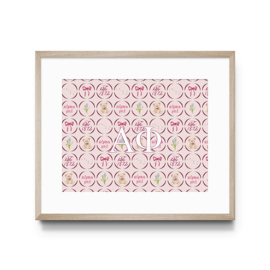 Framed poster with pink and white design featuring Alpha Phi Greek letters on a white background