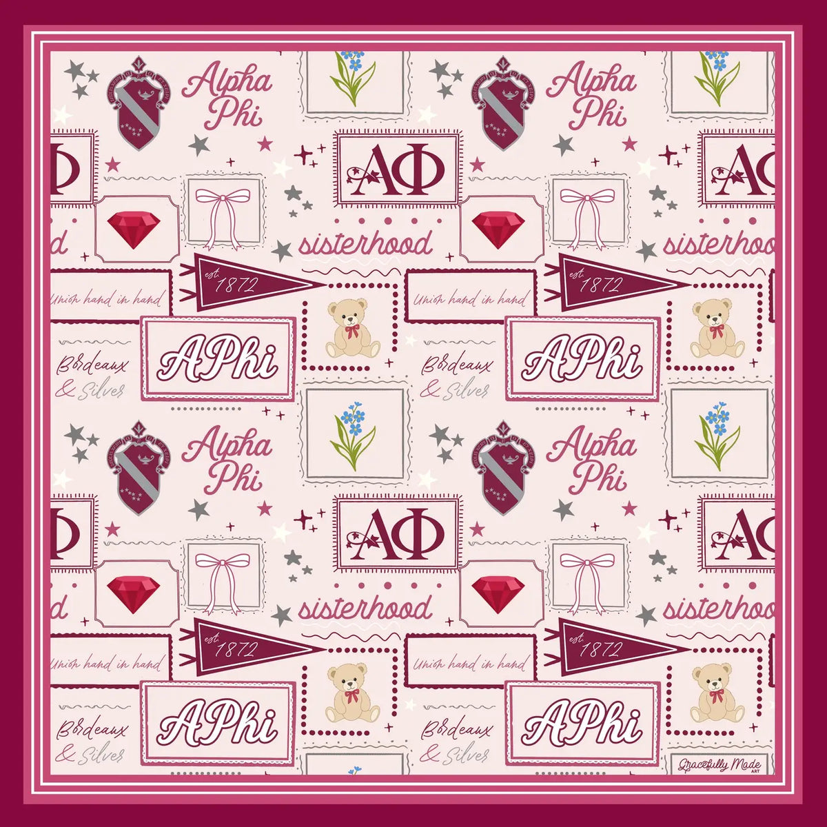 A close up of the Alpha Phi silk scarf featuring a light pink background, dark pink border and a repeating pattern of Greek letters and themed illustrations.
