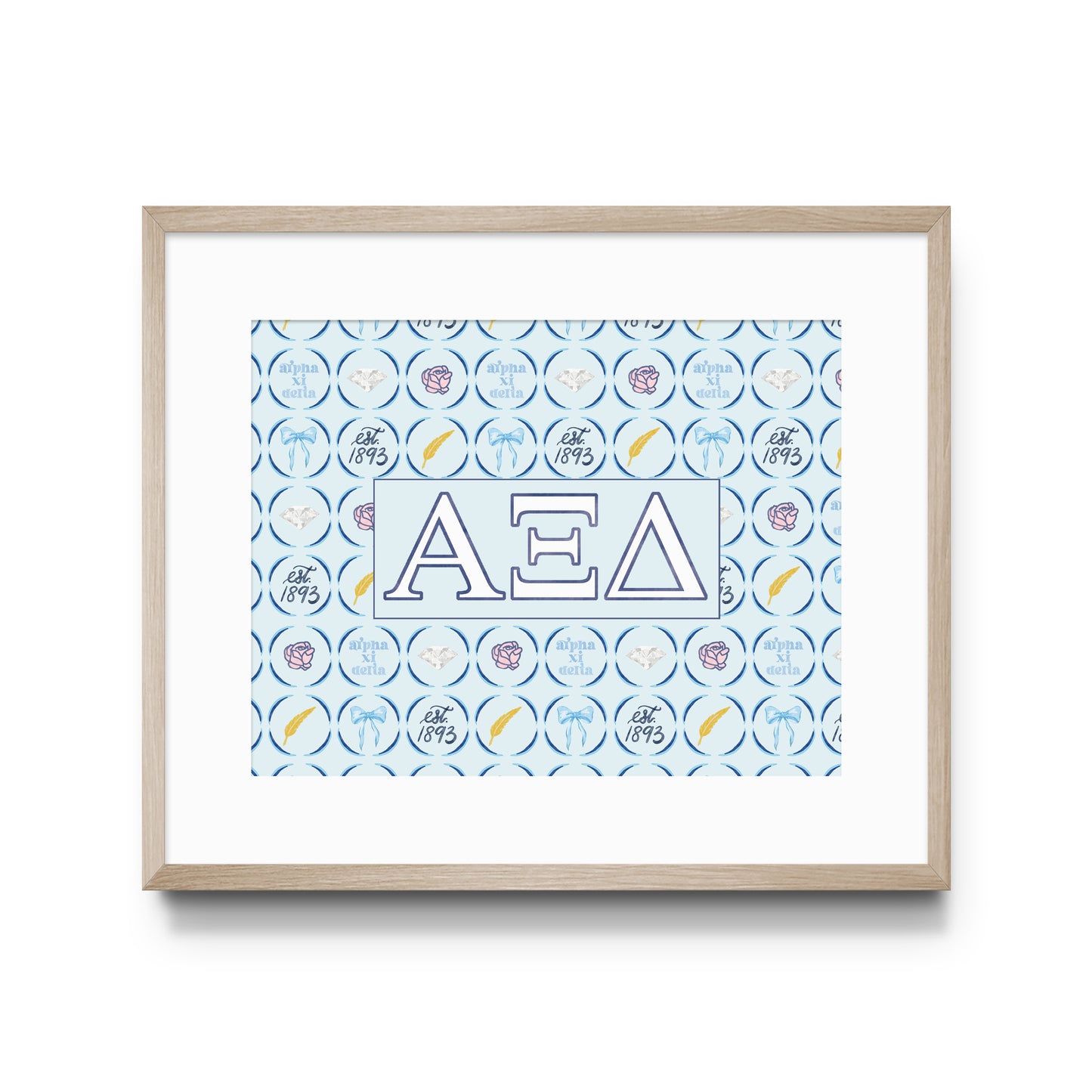 Framed poster with Alpha Xi Delta Greek letters and pattern on a white background