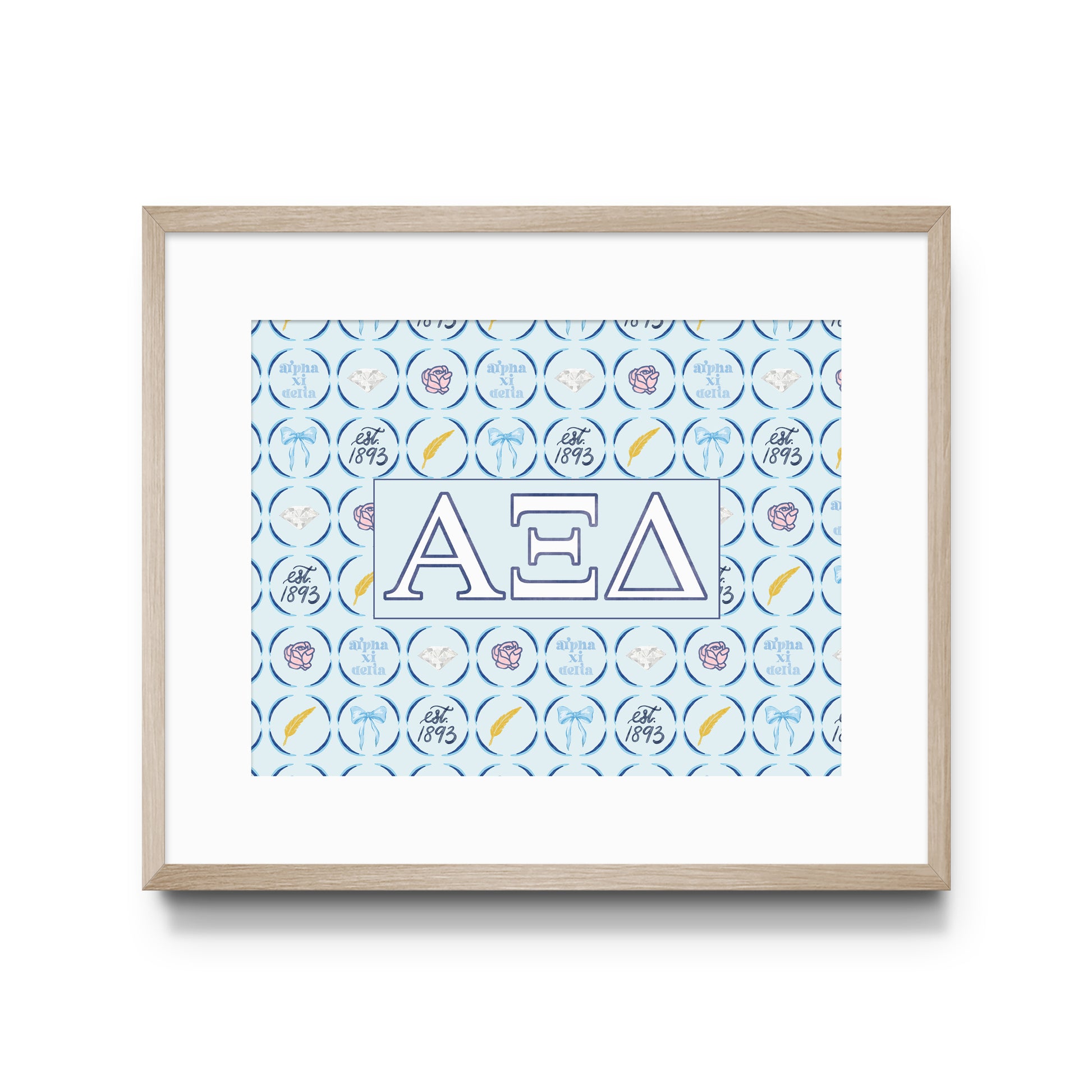 Framed poster with Alpha Xi Delta Greek letters and pattern on a white background