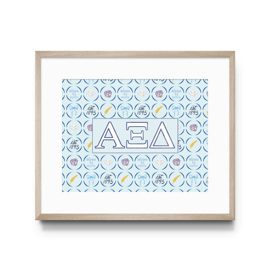 Framed poster with Alpha Xi Delta Greek letters and pattern on a white background