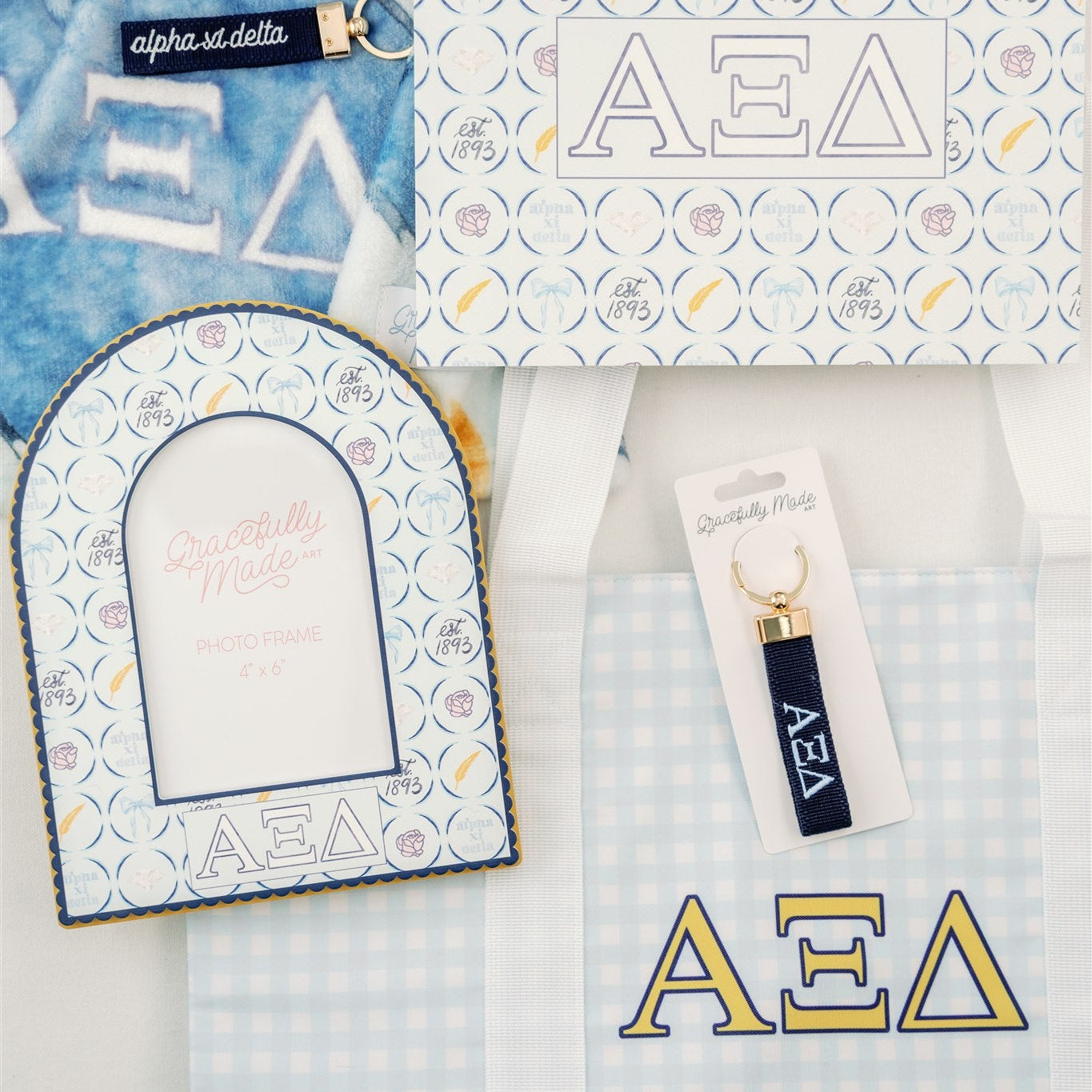 Collection of Alpha Xi Delta themed merchandise including a photo frame, keychain, and tote bag on a white background.