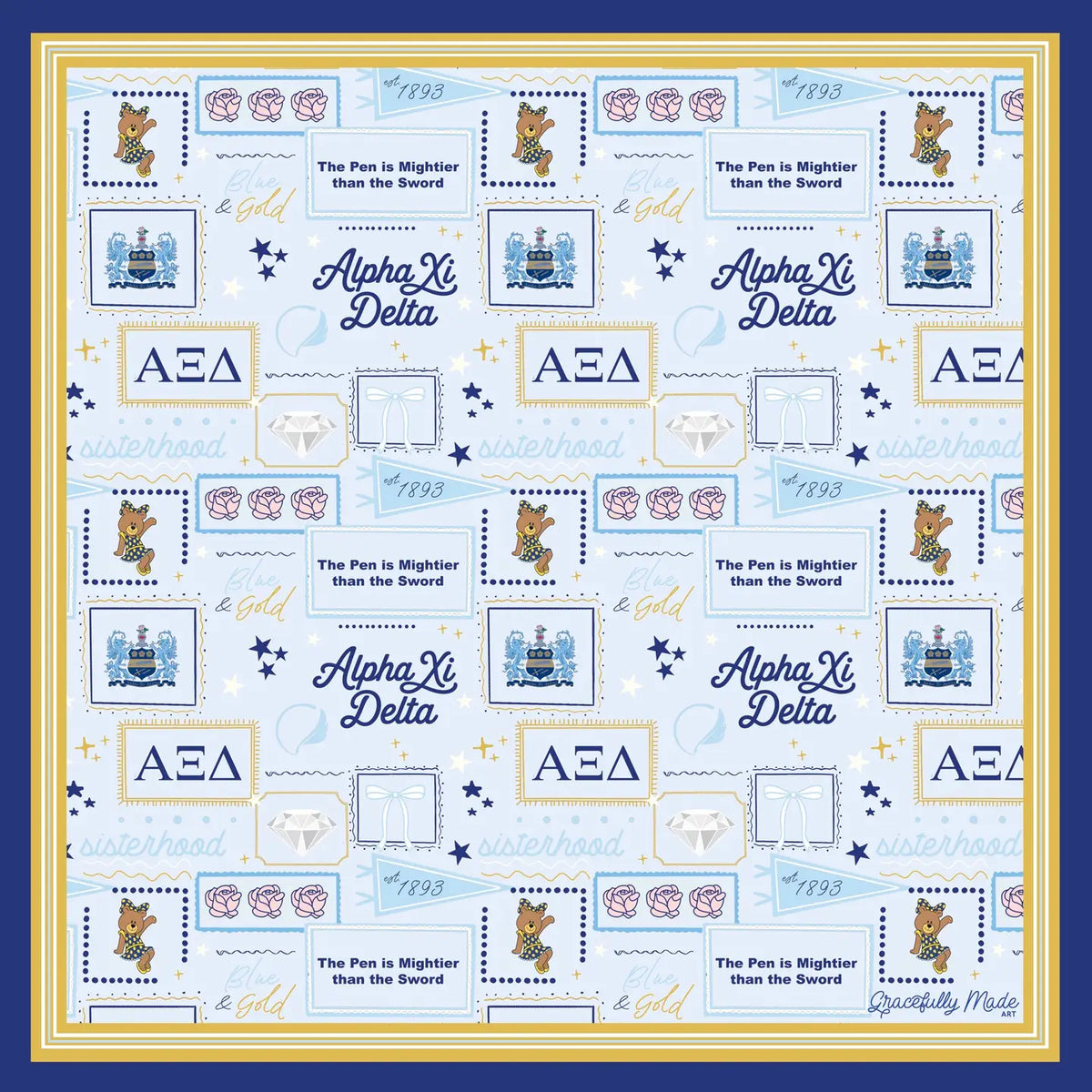 A square fabric featuring a repeating pattern of Alpha Xi Delta sorority-themed motifs, including the sorority name, Greek letters, a bear mascot, books, stars, and decorative borders, shown against a blue background with a gold inner border.