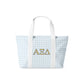 Tote bag with blue gingham pattern and Alpha Xi Delta letters on a white background