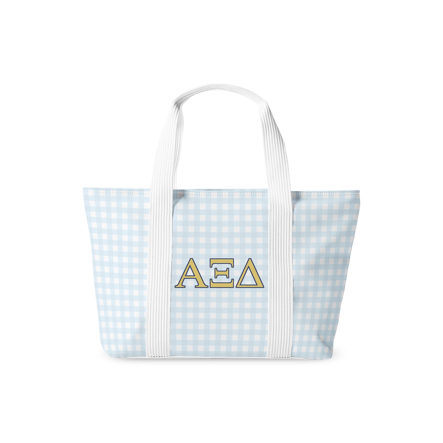 Tote bag with blue gingham pattern and Alpha Xi Delta letters on a white background