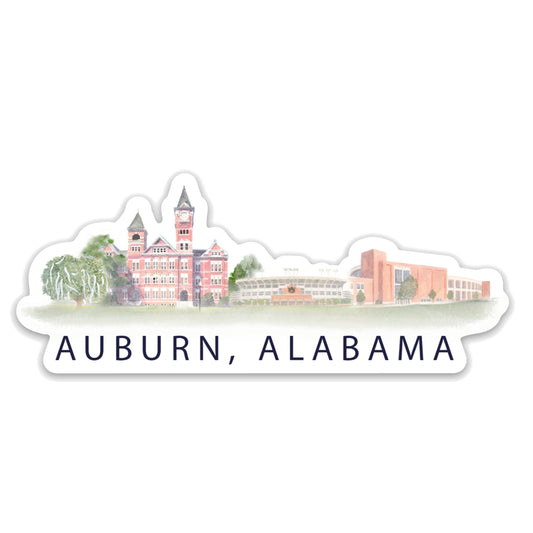 Sticker featuring watercolor illustrations of Auburn University landmarks.
