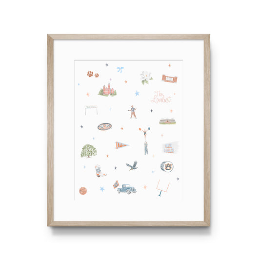 Watercolor art of Auburn symbols.