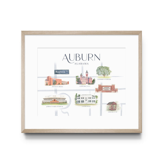 Watercolor art of Auburn Landmarks in a Map format.