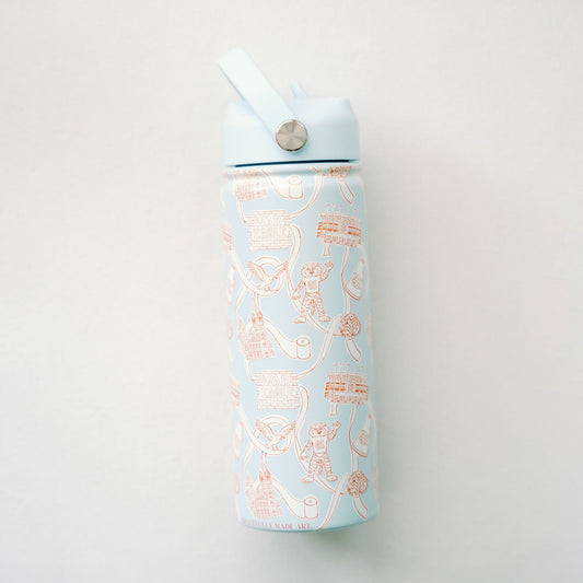 Light blue water bottle with an orange and white Auburn pattern on a white background
