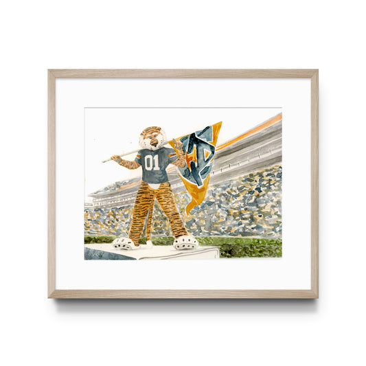 Watercolor art of Auburn University's mascot, Aubie, in Jordan Hare Stadium.
