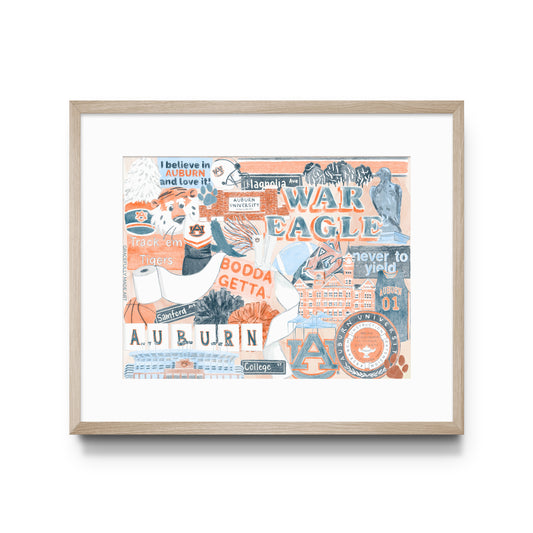 Watercolor collage art print of Auburn University icons & landmarks.