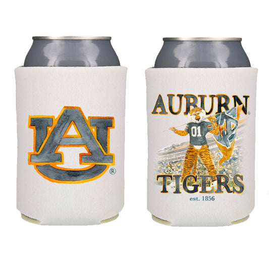 White Koozie with the Auburn University logo on one side and Aubie on the other.