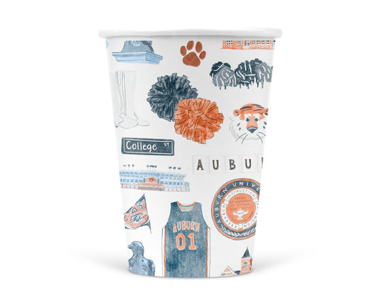 Paper cups with watercolor Auburn University icons and landmarks on them.