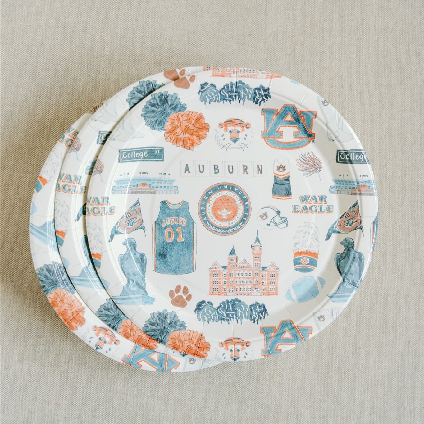Paper Plates with watercolor Auburn University landmarks & icons.
