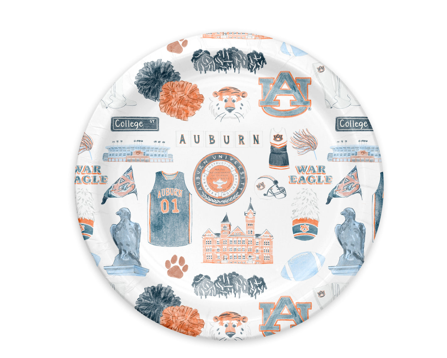 Paper Plates with watercolor Auburn University landmarks & icons.