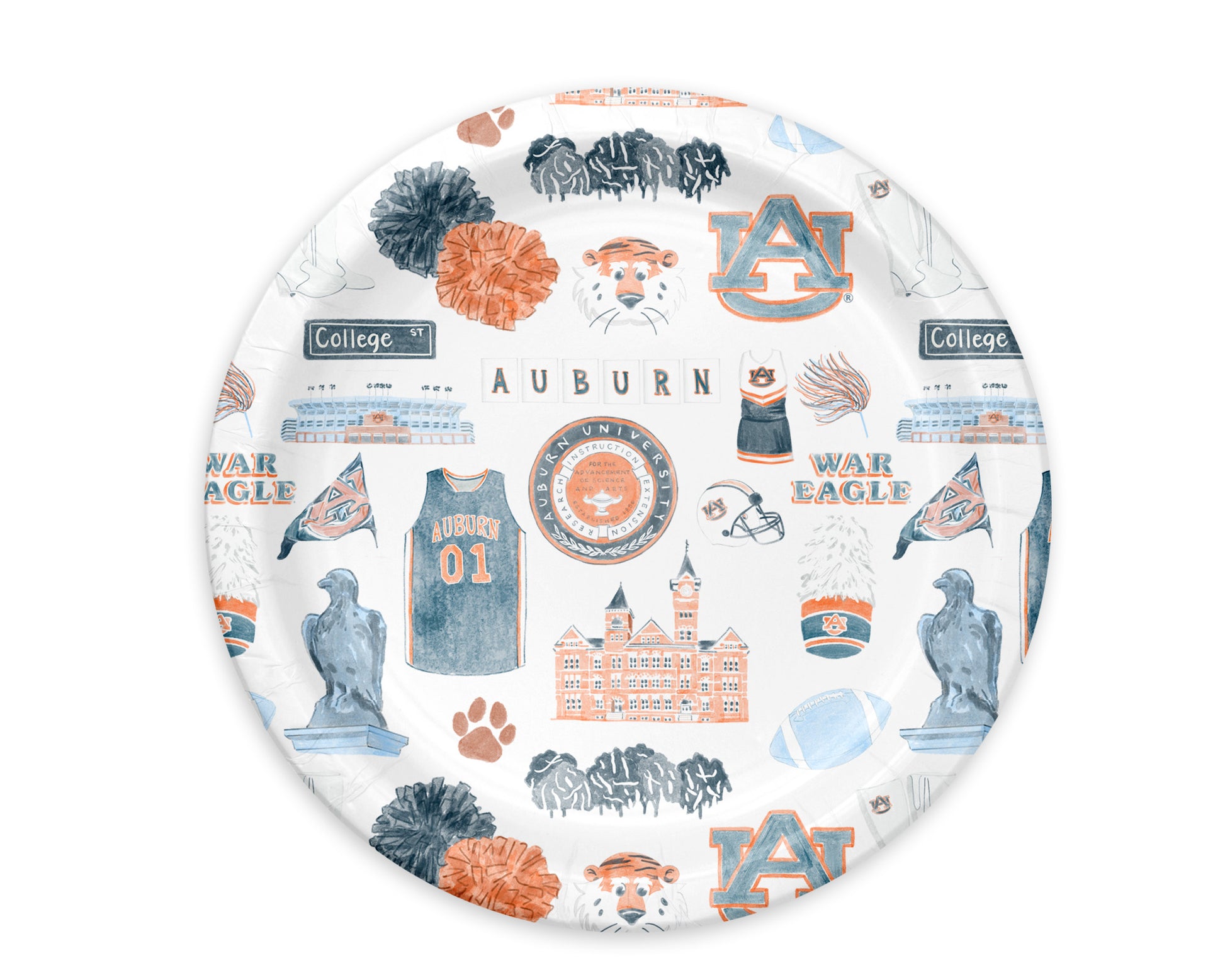 Paper Plates with watercolor Auburn University landmarks & icons.