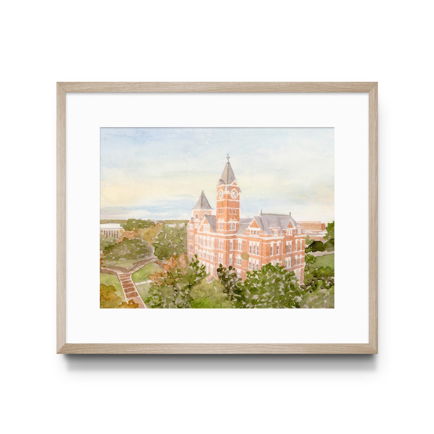 Framed artwork of a building with a clock tower on a white background
