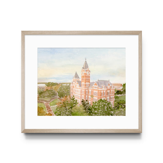 Framed artwork of a building with a clock tower on a white background