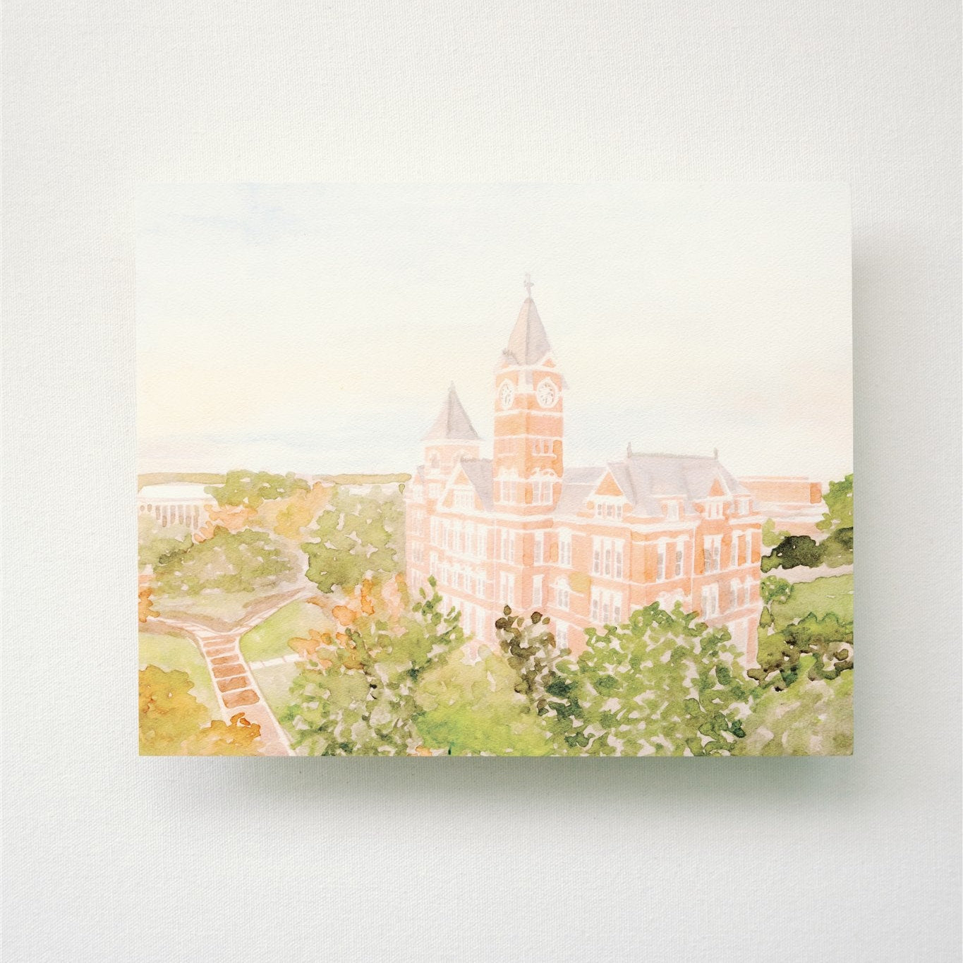 Watercolor art of an aerial view of Auburn University's Samford Hall.
