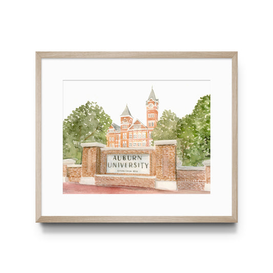 Watercolor art featuring the Auburn University Sign