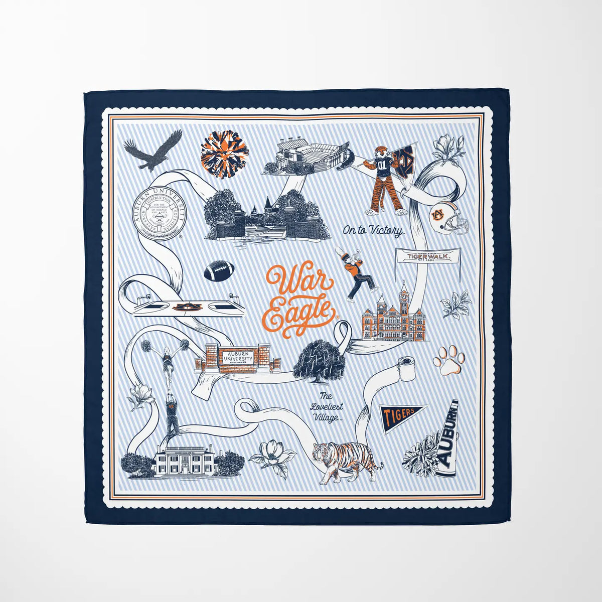 A square bandana with a navy blue border and a light blue and white striped center, featuring various Auburn University 'War Eagle' themed illustrations and text.