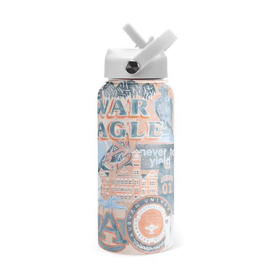 32 ounce water bottle featuring a collage of watercolor illustrations of Auburn University landmarks & icons.