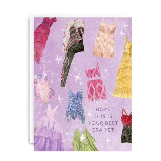 Purple card with watercolor illustrations of Taylor Swift's Eras Costumes and "hope this is your best era yet" on it.