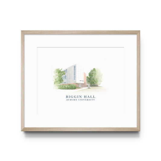 Watercolor art of Auburn University's Biggin Hall
