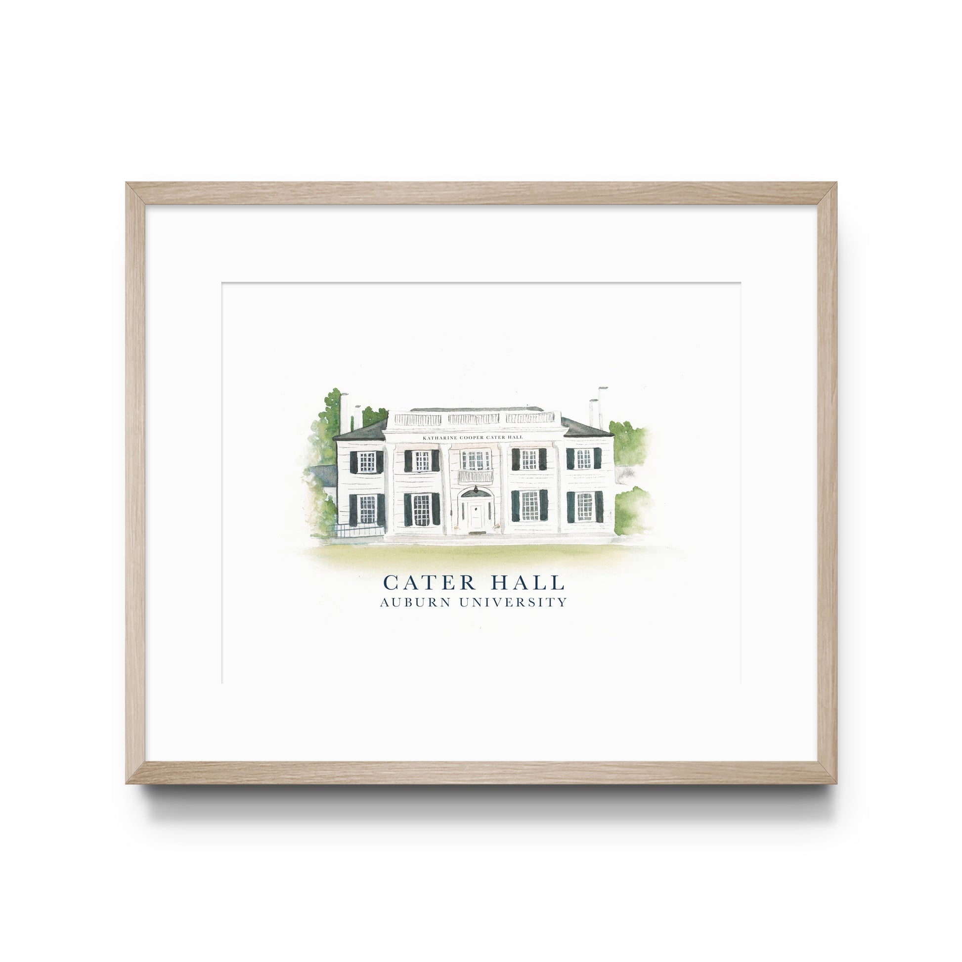 Watercolor art of Auburn University's Cater Hall.
