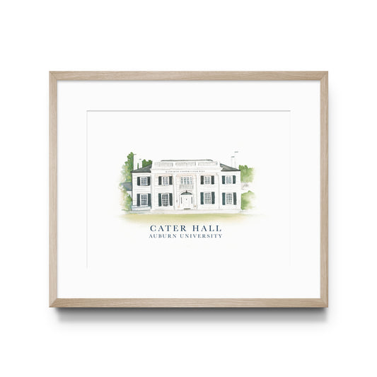 Watercolor art of Auburn University's Cater Hall.