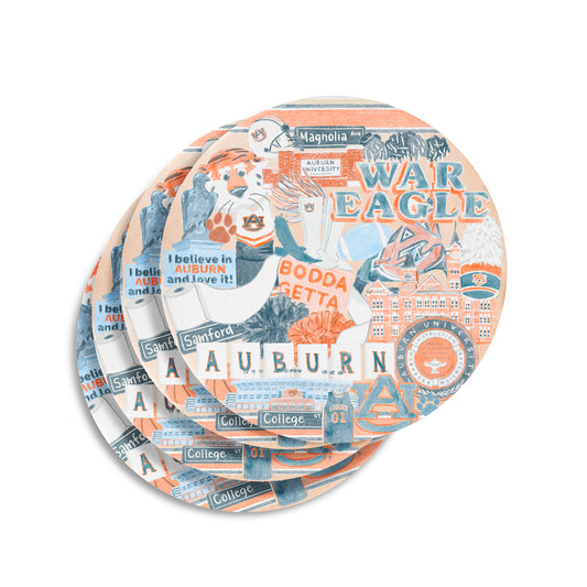 Ceramic coasters with a collage of watercolor illustrations of Auburn University landmarks and icons.