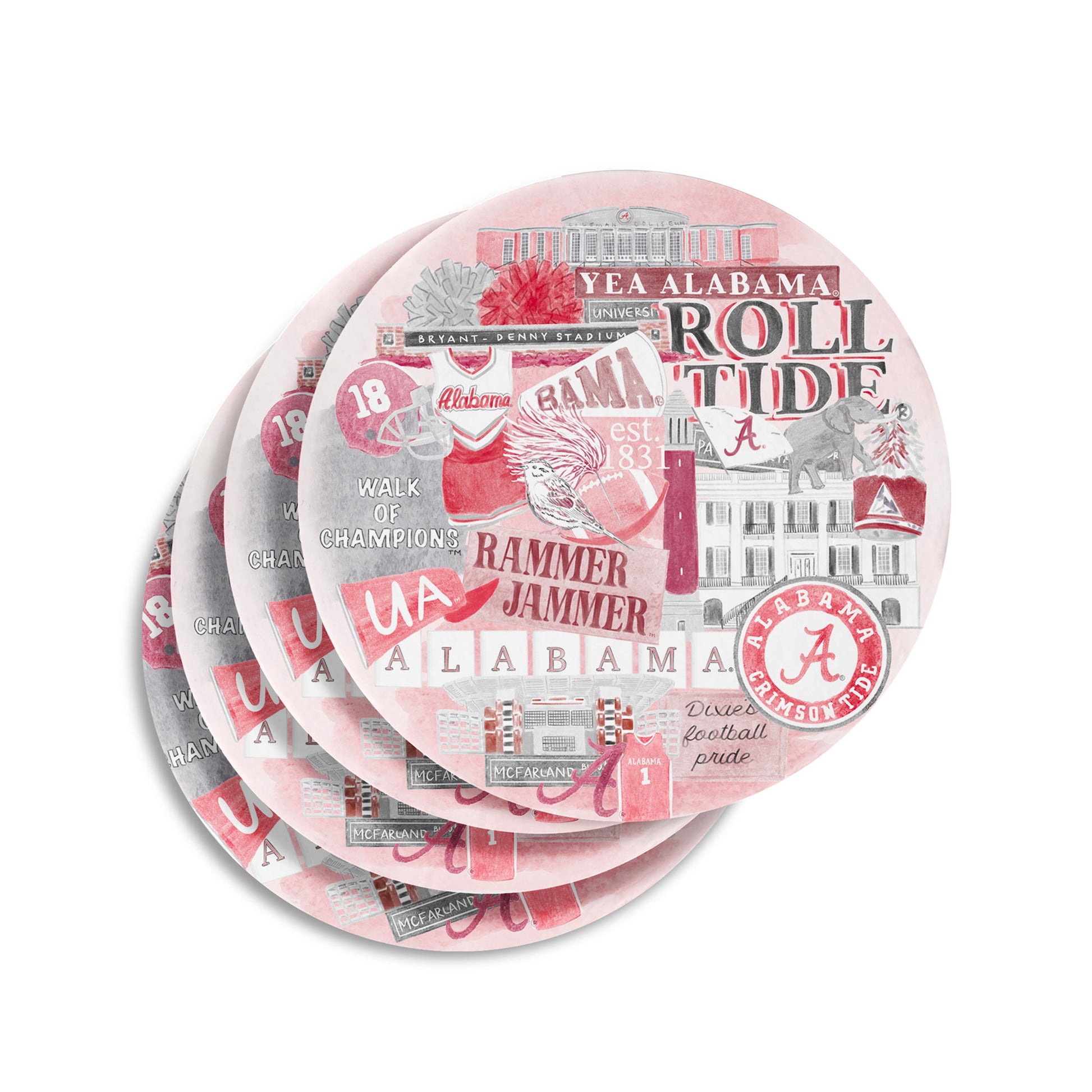 Ceramic coasters featuring a collage of watercolor University of Alabama symbols.