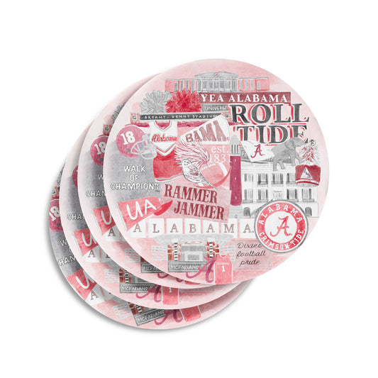 Ceramic coasters featuring a collage of watercolor University of Alabama symbols.