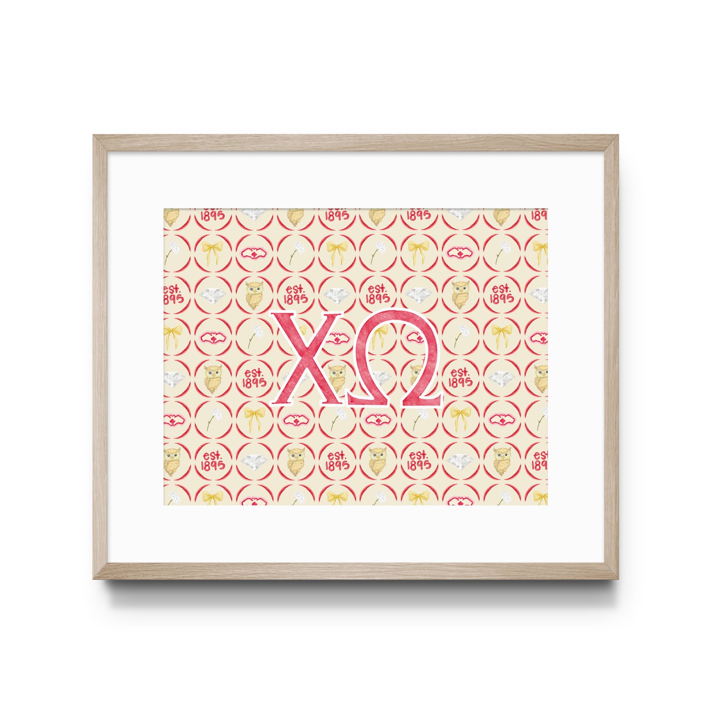 Framed poster with red Chi Omega Greek letters on a patterned background