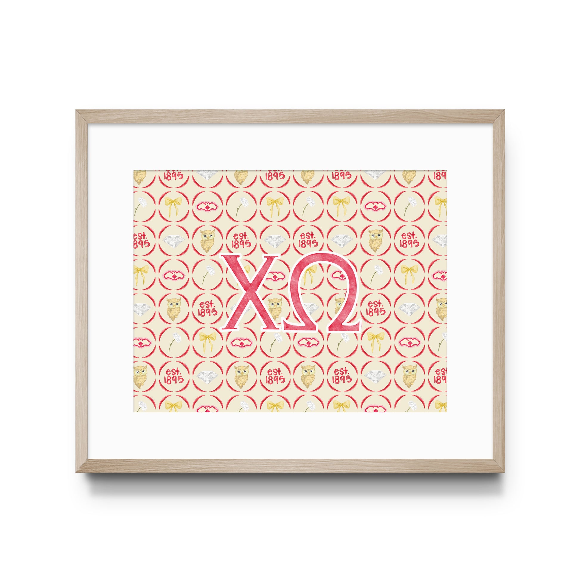 Framed poster with red Chi Omega Greek letters on a patterned background