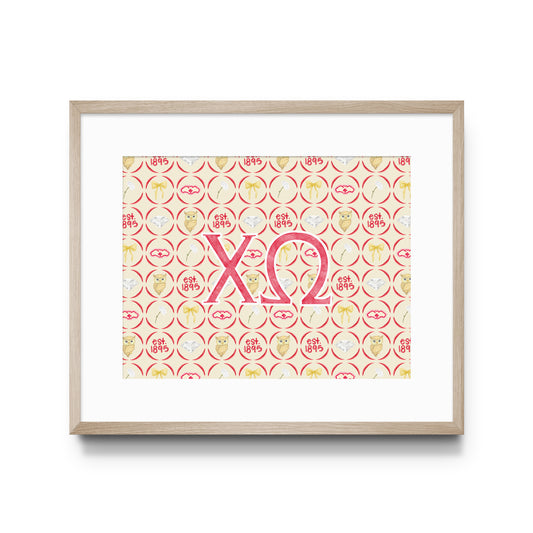 Framed poster with red Chi Omega Greek letters on a patterned background
