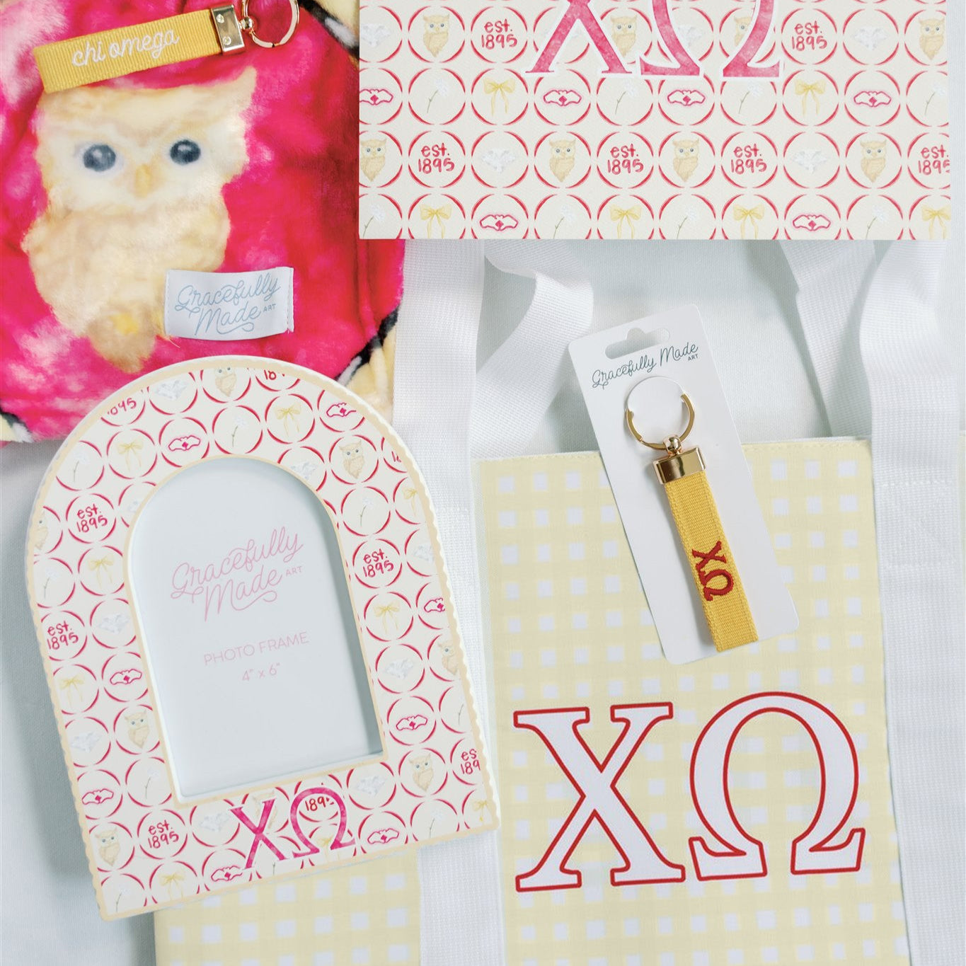 Collection of 'Chi Omega' themed products including a keychain, bag, and other accessories on a white background.