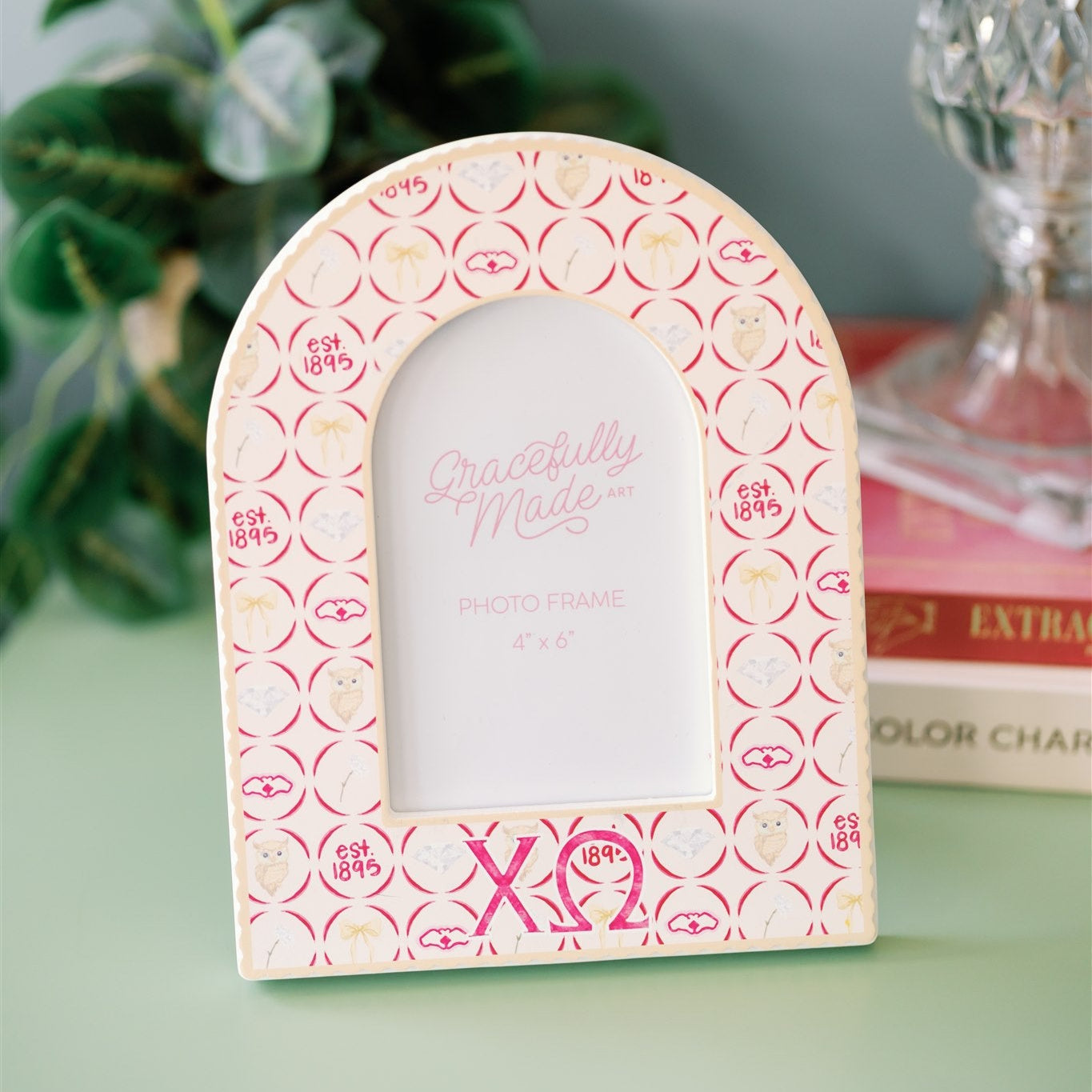 Decorative Chi Omega patterned photo frame on a surface with books and plants in the background.