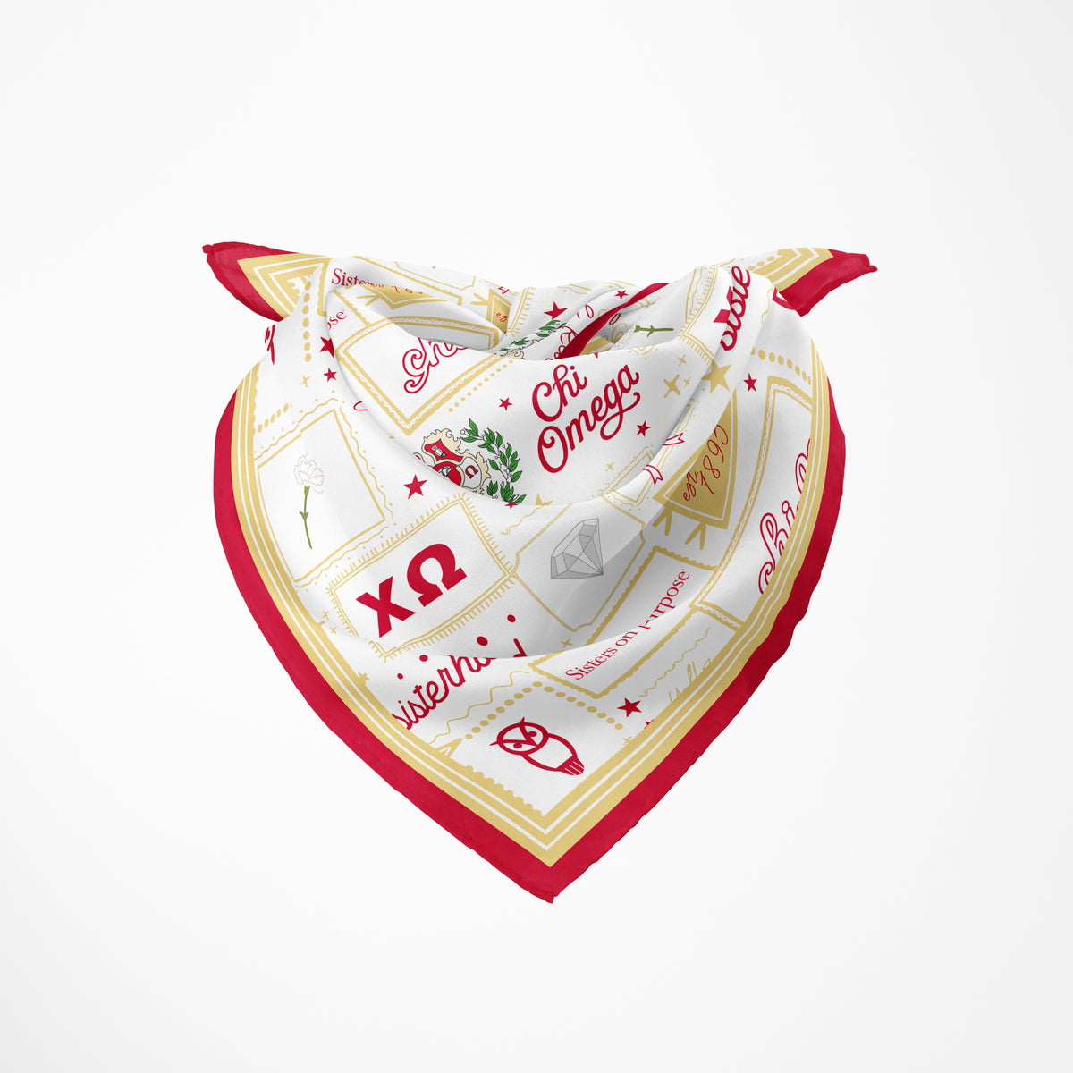A square white scarf with a red border and gold grid lines, featuring Chi Omega Greek letters, illustrations, and decorative text, displayed on a clean white background.