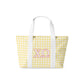 Yellow gingham tote bag with red Chi Omega Greek letters on a white background