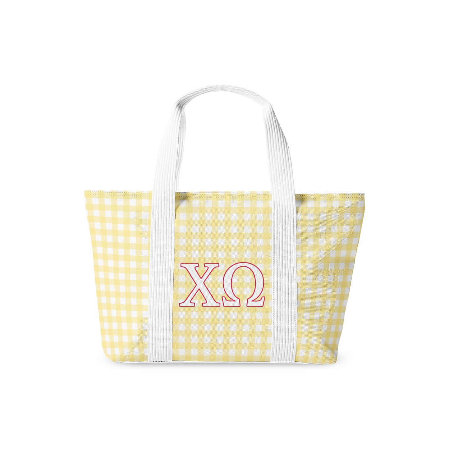 Yellow gingham tote bag with red Chi Omega Greek letters on a white background