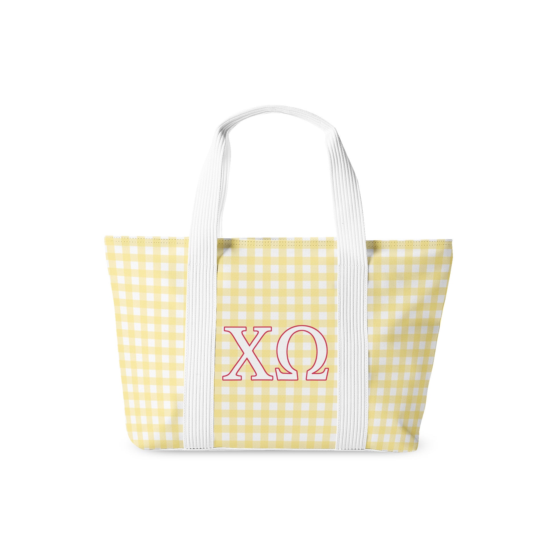Yellow gingham tote bag with red Chi Omega Greek letters on a white background